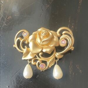 Avon Gold Rose Brooch with Pearl Drops
